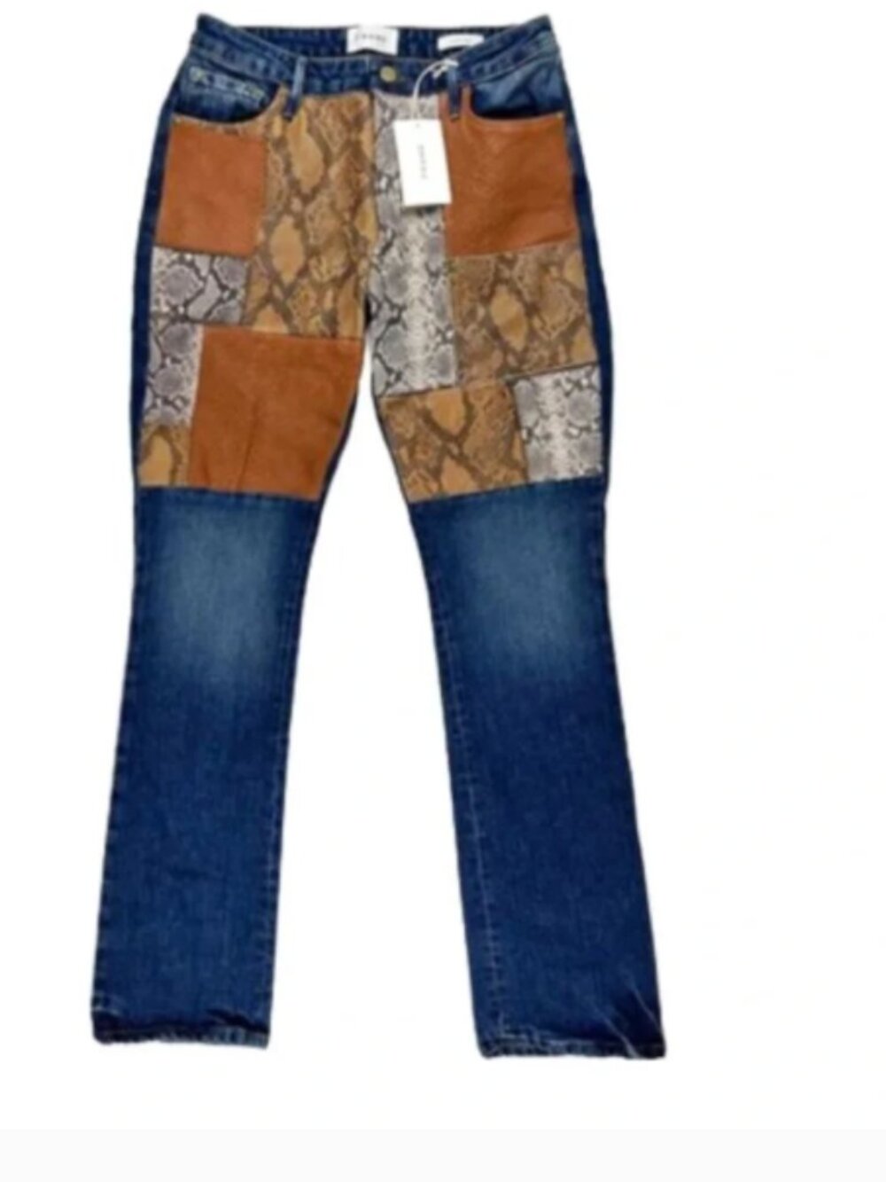 NWT FRAME Le Mini Boot Patchwork Jeans Size 25 Snakeskin Leather Mix